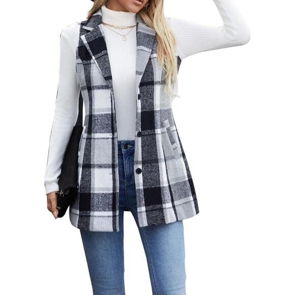 Olrain Womens Flannel Plaid Sleeveless Blazer Vest Lapel Neck Button Down XL - Picture 1 of 9